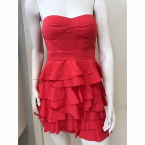STRAPLESS CORAL RUFFLE DRESS